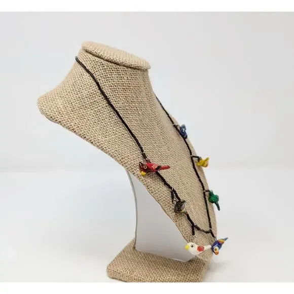 Black Beaded Wooden Colorful Painted Bird Necklace - Picture 4 of 6